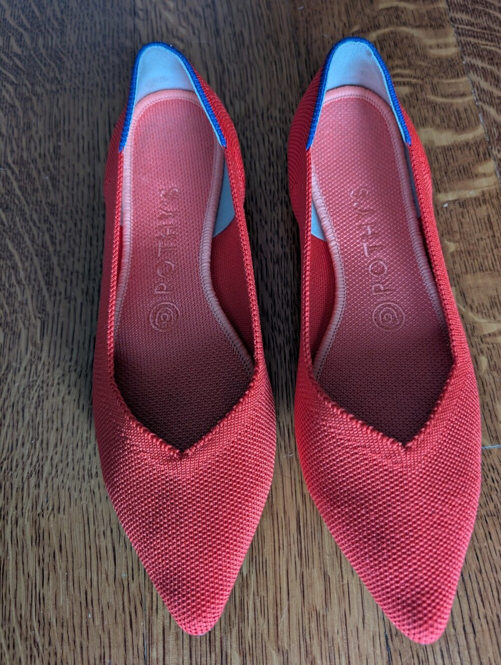 Rothy's Red Pointed Toe Flats with Blue Trim Women's Size 8